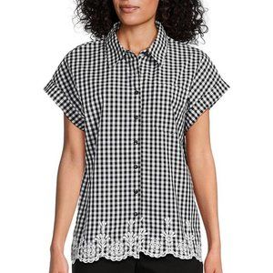 New Allison Daley Womens Black White Gingham Check Embroidered Scalloped Hem $59